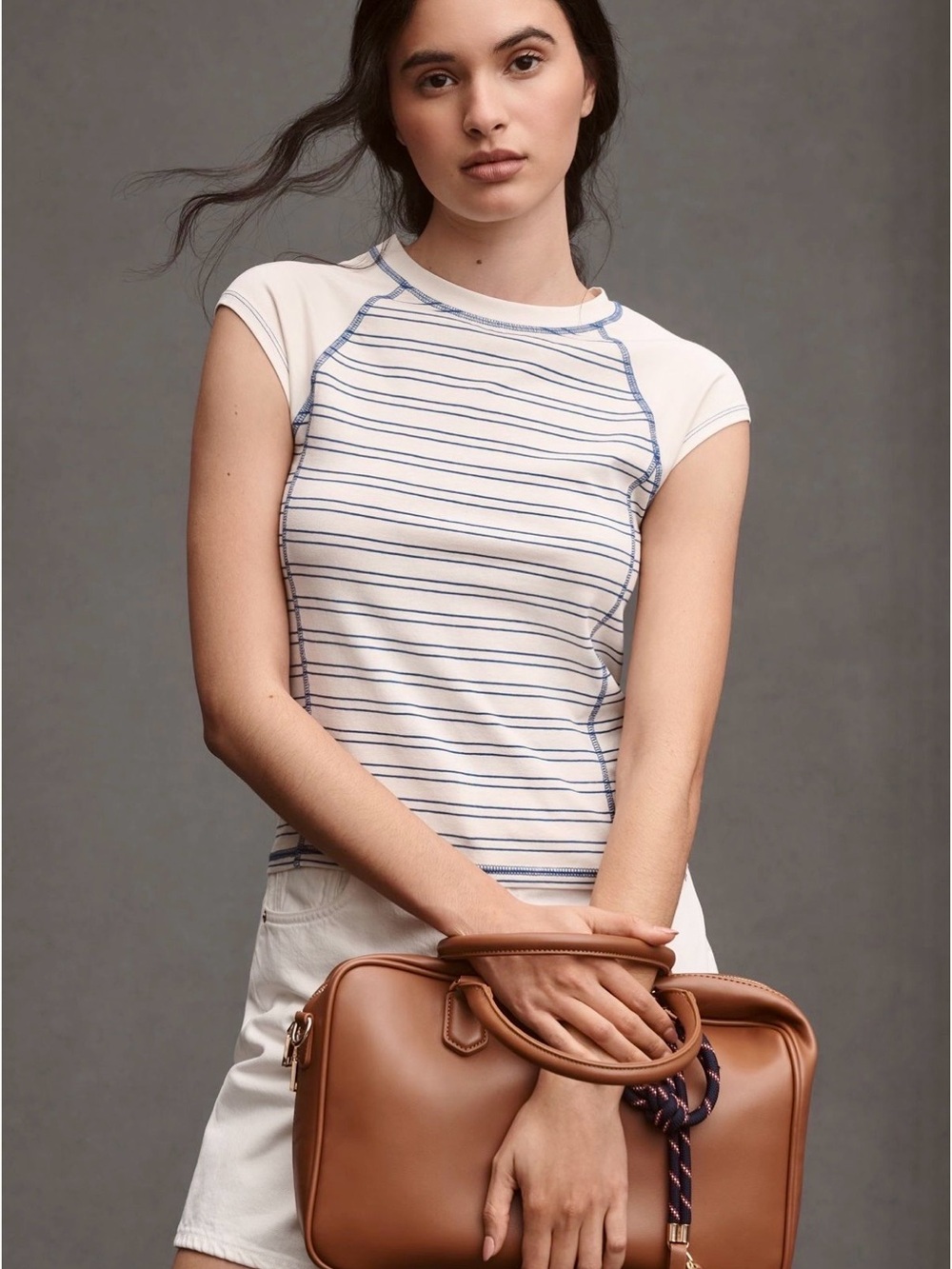 Anthropologie Striped Cap-Sleeve Tee White and Blue XS NWOT